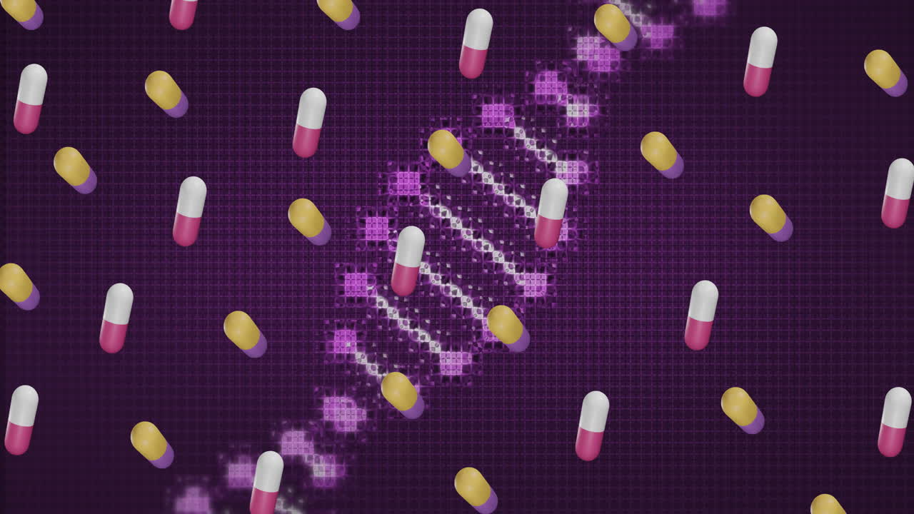 Animation of pills medication over dna strand spinning
