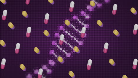 animation of pills medication over dna strand spinning