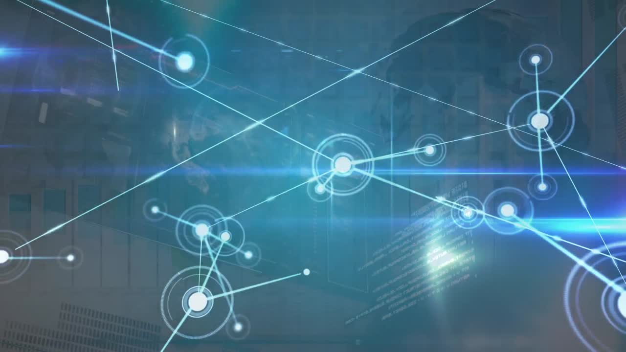 animación de la red de conexiones y procesamiento de datos sobre fondo negro