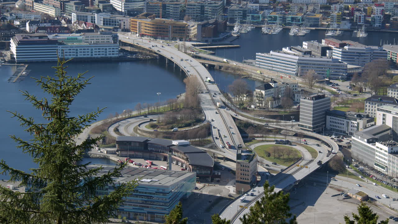 Wide shot of the Nygård Bridge that cross the Strømmen, Filmed from Fløyen Panorama