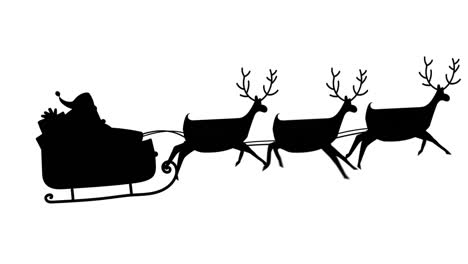 Digital-animation-of-black-silhouette-of-santa-claus-in-sleigh-being-pulled-by-reindeers