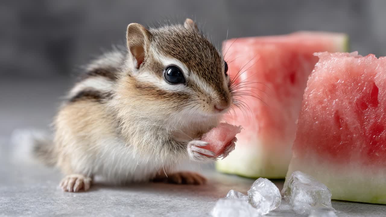 A Cute Chipmunk Enjoys Refreshingly Juicy Watermelon Surrounded by Ice, Capturing the Essence of Summer Treats in a Delightful Close-Up