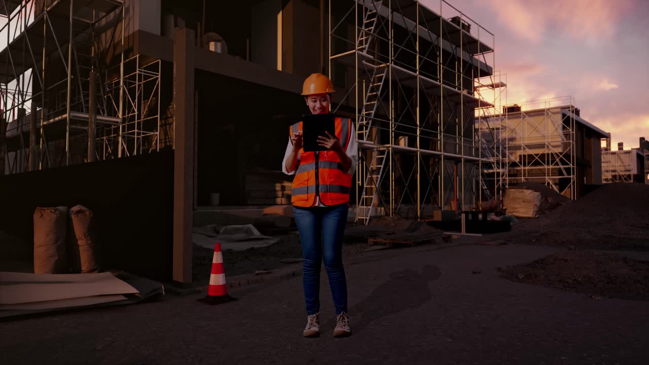 Full Body Of Asian Female Engineer With Safety Helmet Working On A Tablet While Standing At Construction Site in Progress to New House