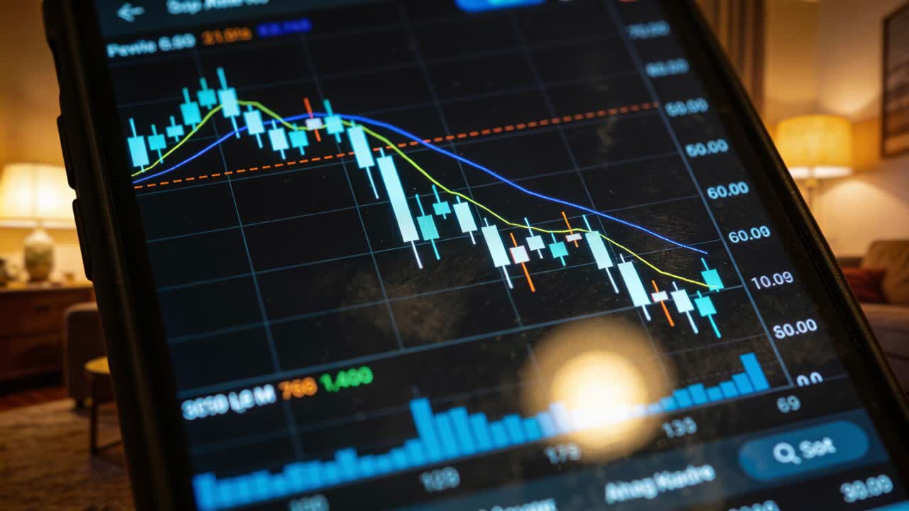 Telefono inclinato che mostra barre in calo a casa, monitorando i prezzi, linee medie, linea tratteggiata, bagliore crescente