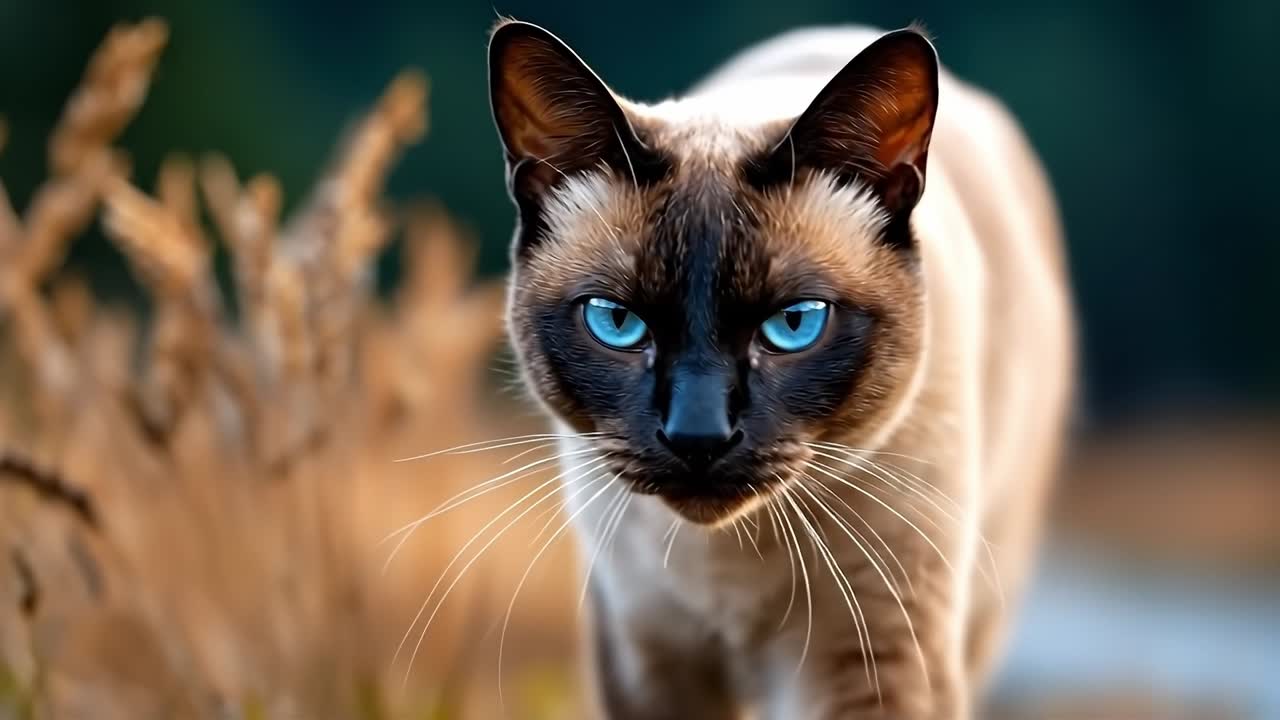 A cat with blue eyes walking through a field of tall grass