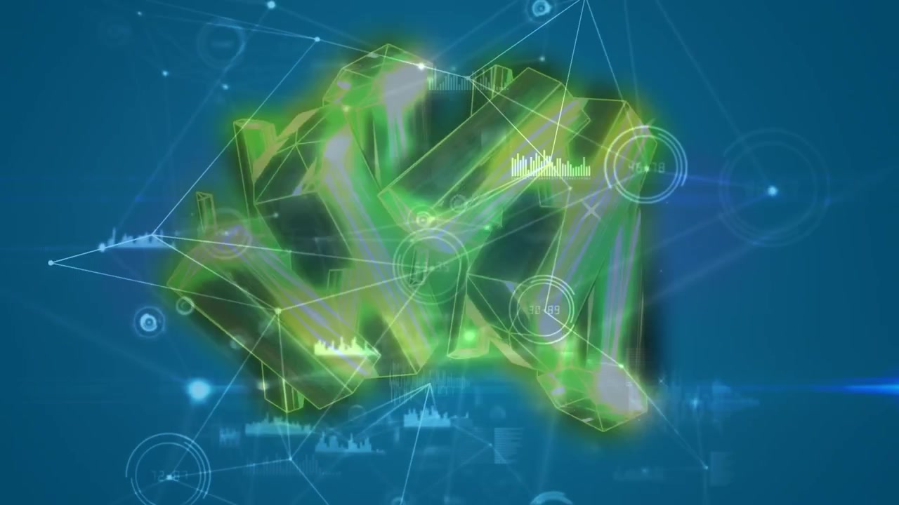 Animation of moving shapes over network of connections over on blue background