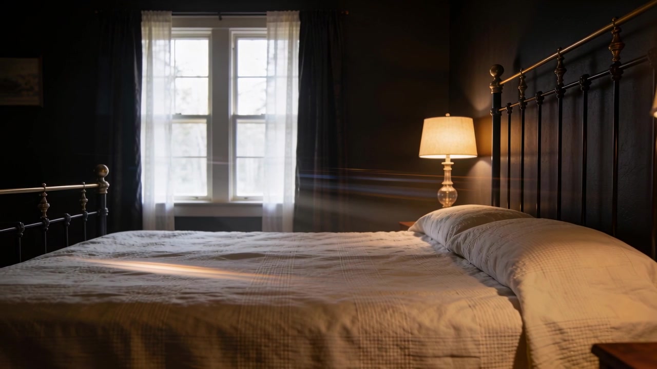 Striscia di luce diurna che si sposta scivolando su un letto rifatto in camera da letto, a causa del cambiamento dell'angolo del sole, con una lampada accesa.