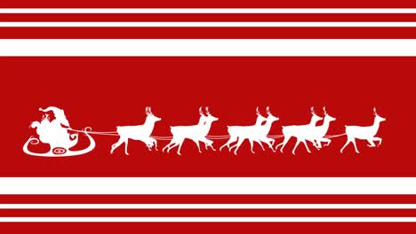 Animation-santa-claus-in-sleigh-with-reindeer-moving-on-red-striped-christmas-background