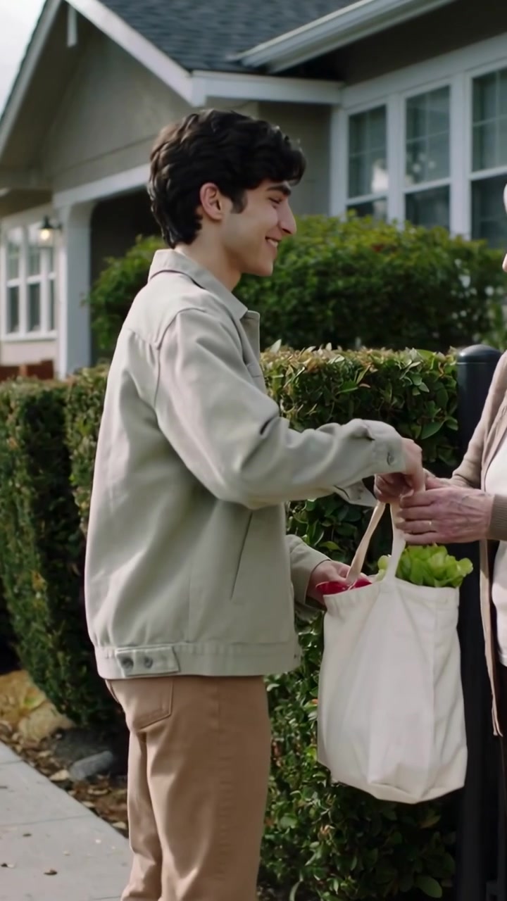 Video verticale: Un adolescente in cappotto cammina verso il cancello, facendo sorridere il vicino, e consegna la spesa in una borsa.