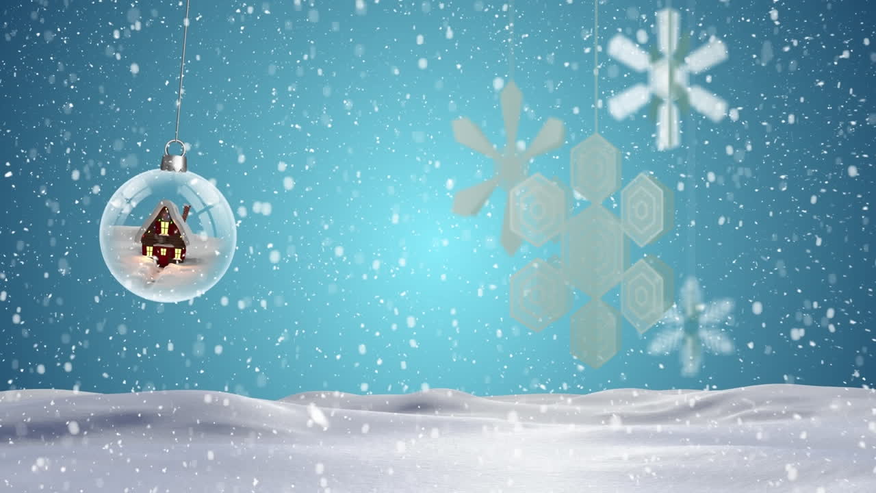 파란색 배경에 내리는 눈 위의 유리 바울의 애니메이션