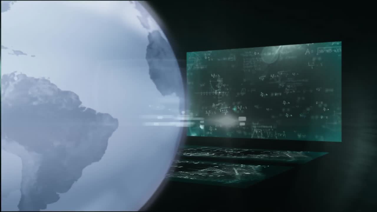 animación del procesamiento de datos y globo sobre el paisaje urbano