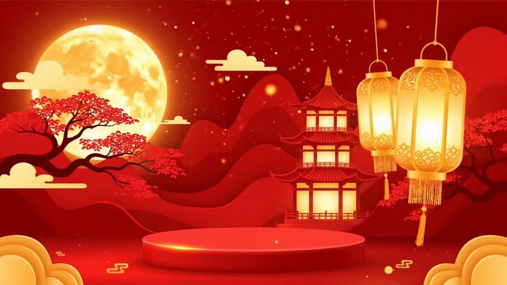 Red and Gold Mid-Autumn Festival Stage with a Full Moon and Lanterns