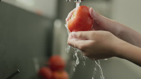 juicy ripe tomato is washed under water from the kitchen tap