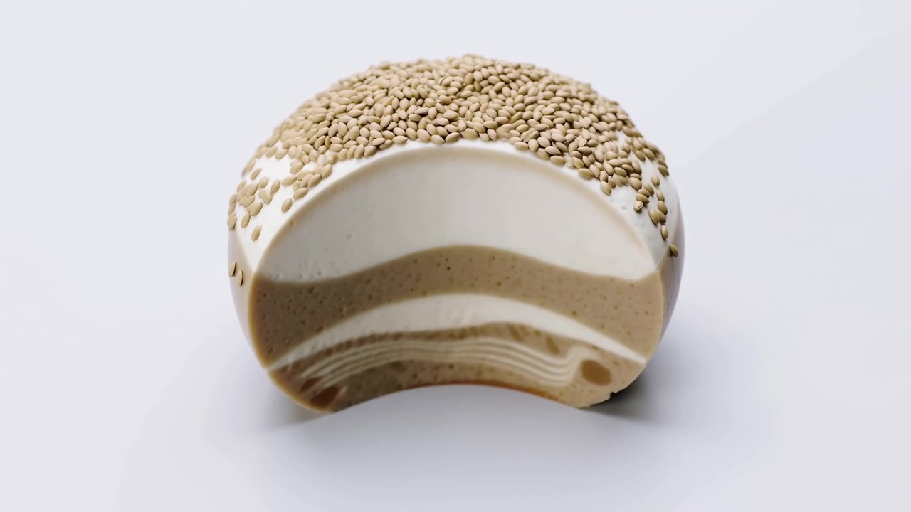 Single sesame coated bakery roll rests on clean white surface, shown centered with slight top view, layered cut interior, creamy beige bands, dense seed topping, soft studio light, calm commercial