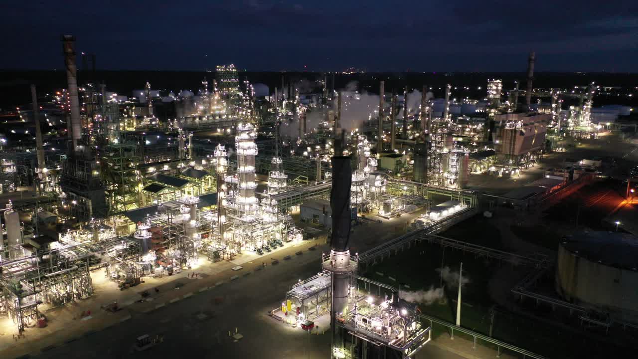 vista aérea nocturna de una planta petroquímica