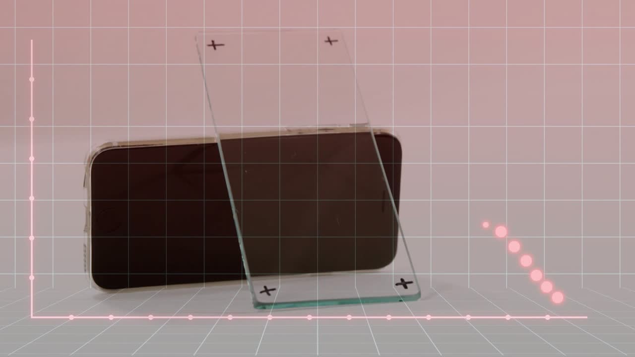 Pink dots entering upper-left, tracing wave over phone and panels, oscillating and showing signal