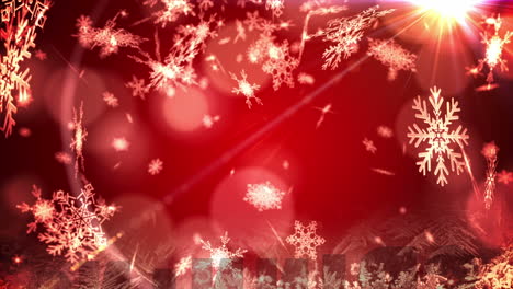 animación de nieve cayendo y puntos de luz en navidad sobre fondo rojo