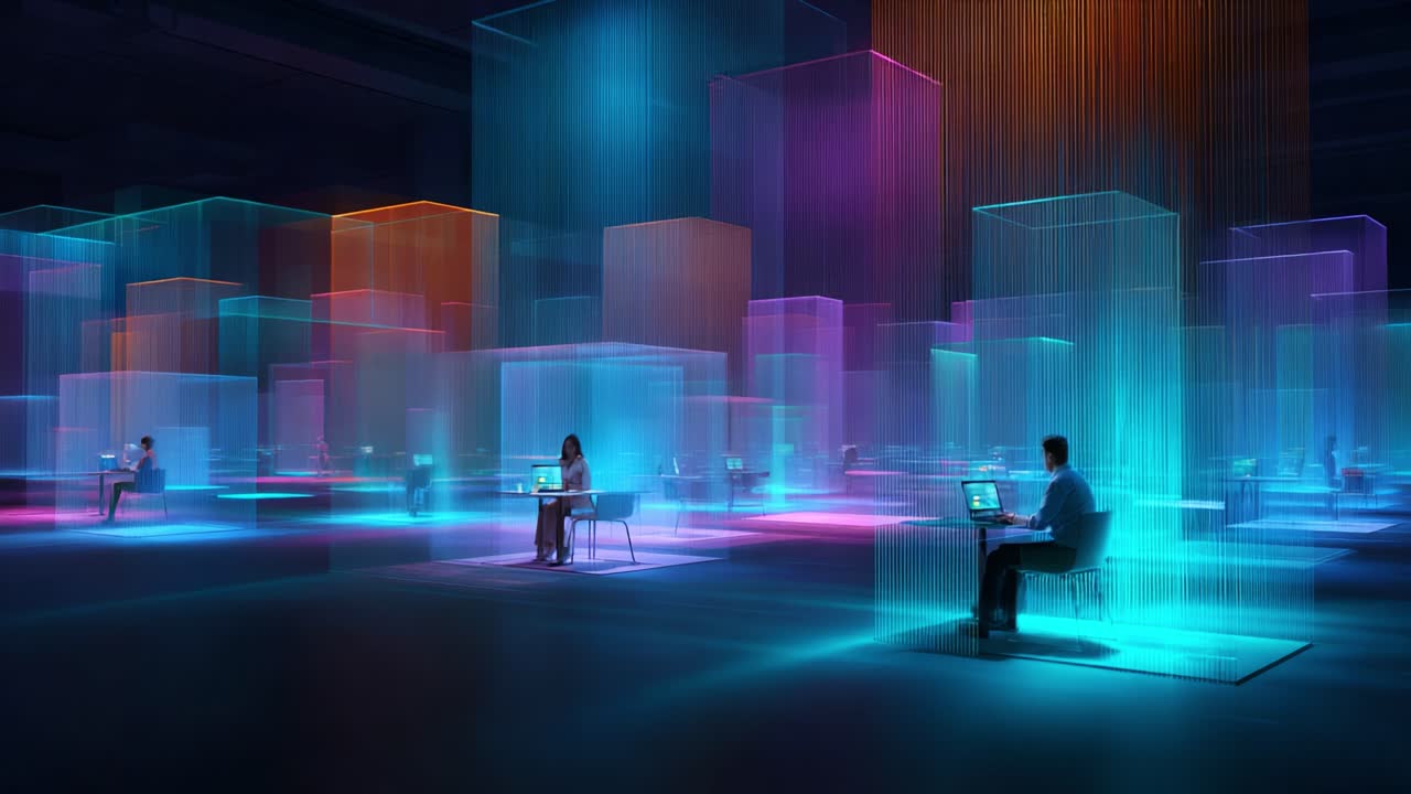 Exploring the Future of Work in a Digital Landscape: A Visual Journey Through an Interactive Space Filled with Colorful Light and Innovative Technology