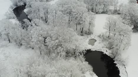 Fluss-Mit-Dunklem,-Stehendem-Wasser,-Umgeben-Von-Verschneiter-Landschaft-Im-Winter---Luftdrohne