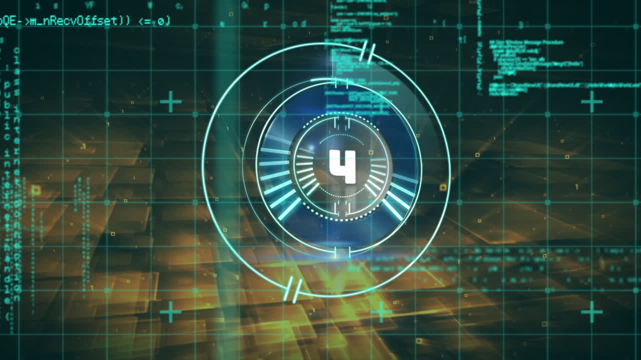 animación digital de la cuenta atrás sobre el escáner redondo de neón contra el procesamiento de datos en fondo amarillo