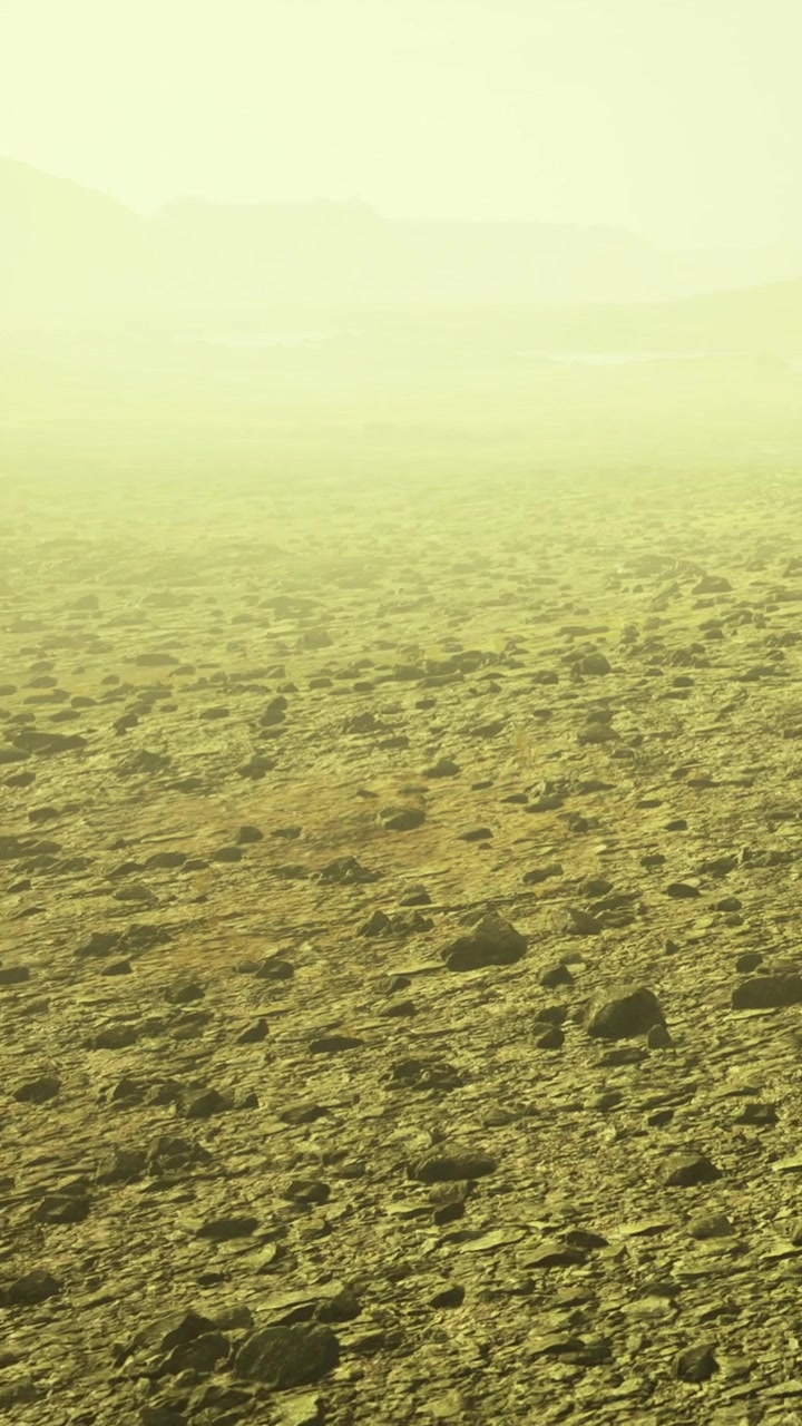 Landscape on another planet with fog and rocky terrain during twilight hours