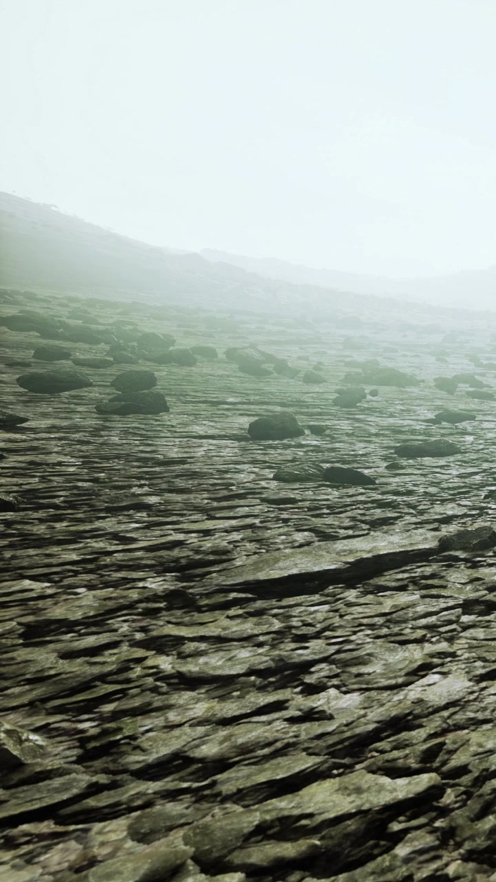 Landscape of rocks on a flat surface with fog in the background