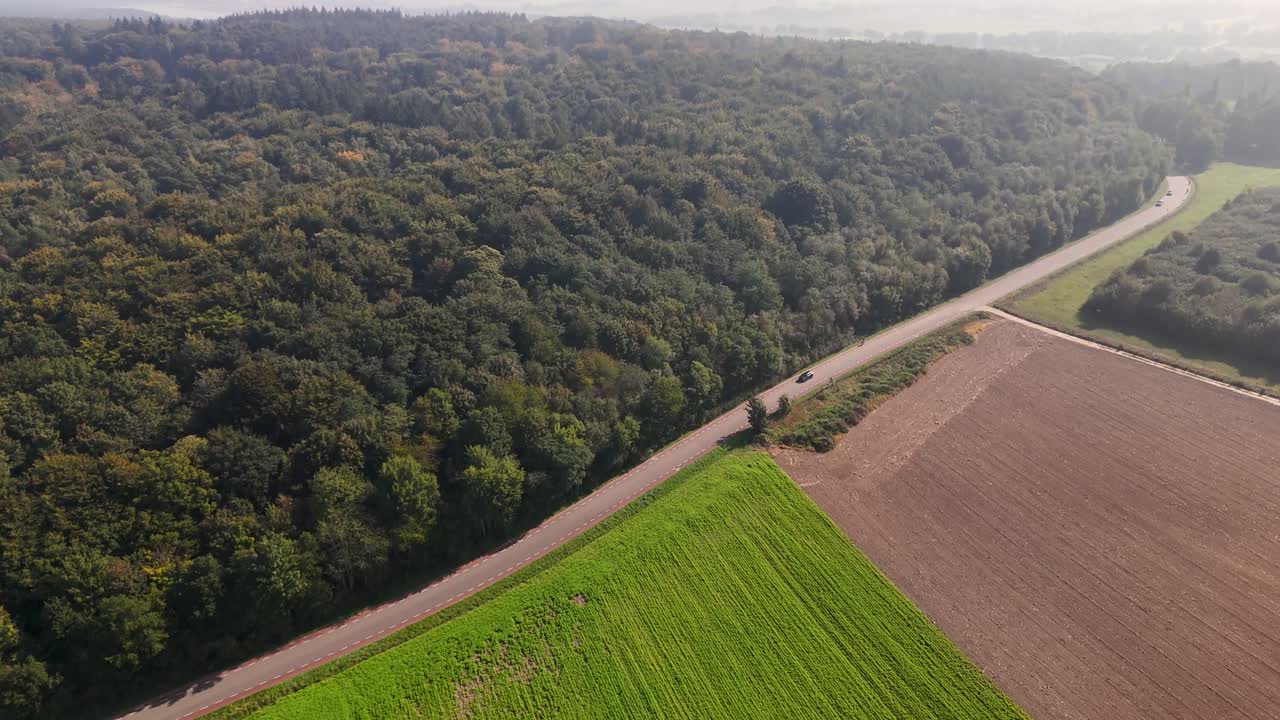 Aerial view of a forest, road, and field
