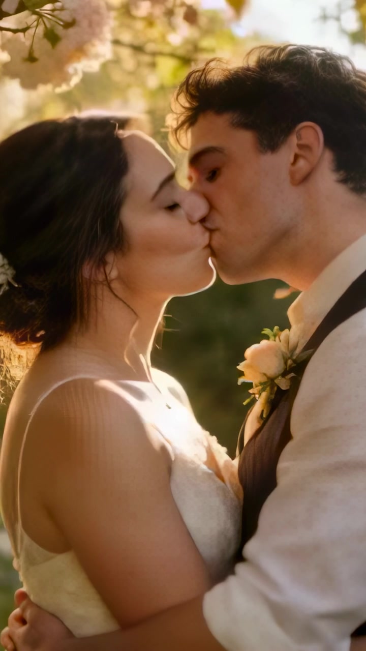 Video vertical: Pareja sonriente inclinándose para besarse bajo las flores en una boda, con vestido y un broche de rosa.