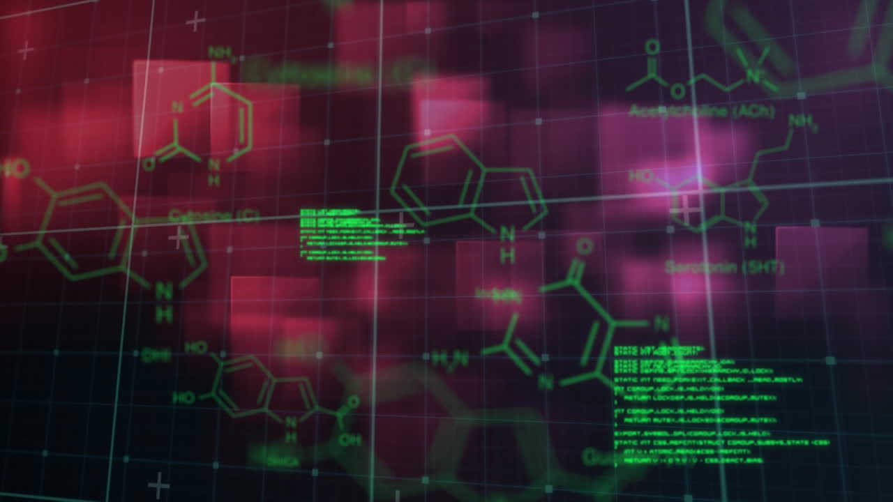 검은 바탕에 빛나는 사각형 위에 데이터 처리 및 화학 공식의 애니메이션