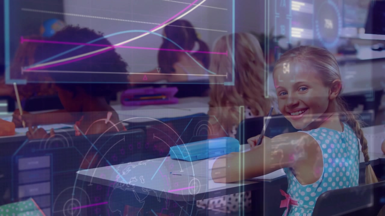 Braided girl sitting, overlay appearing over desks with graphs, HUD circles, blue box for learning