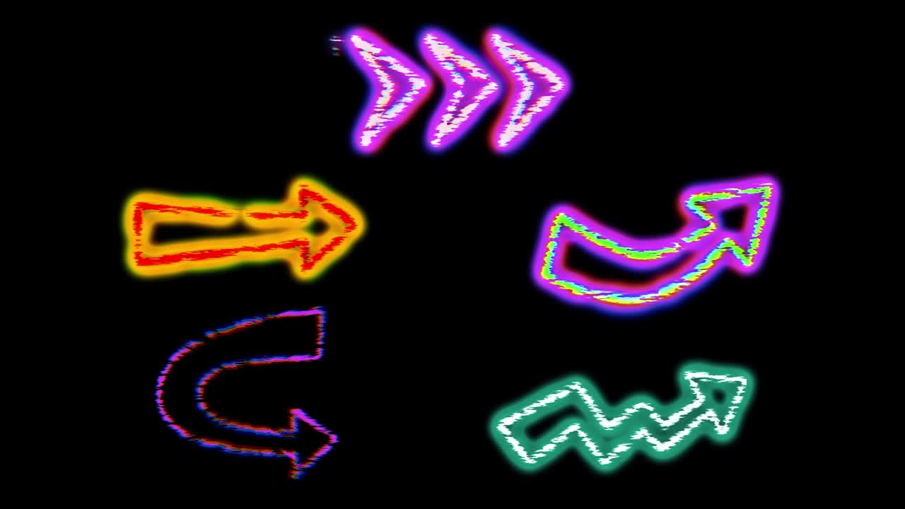 Frecce neon animate con effetto glitch, gesti delle mani ed emoji