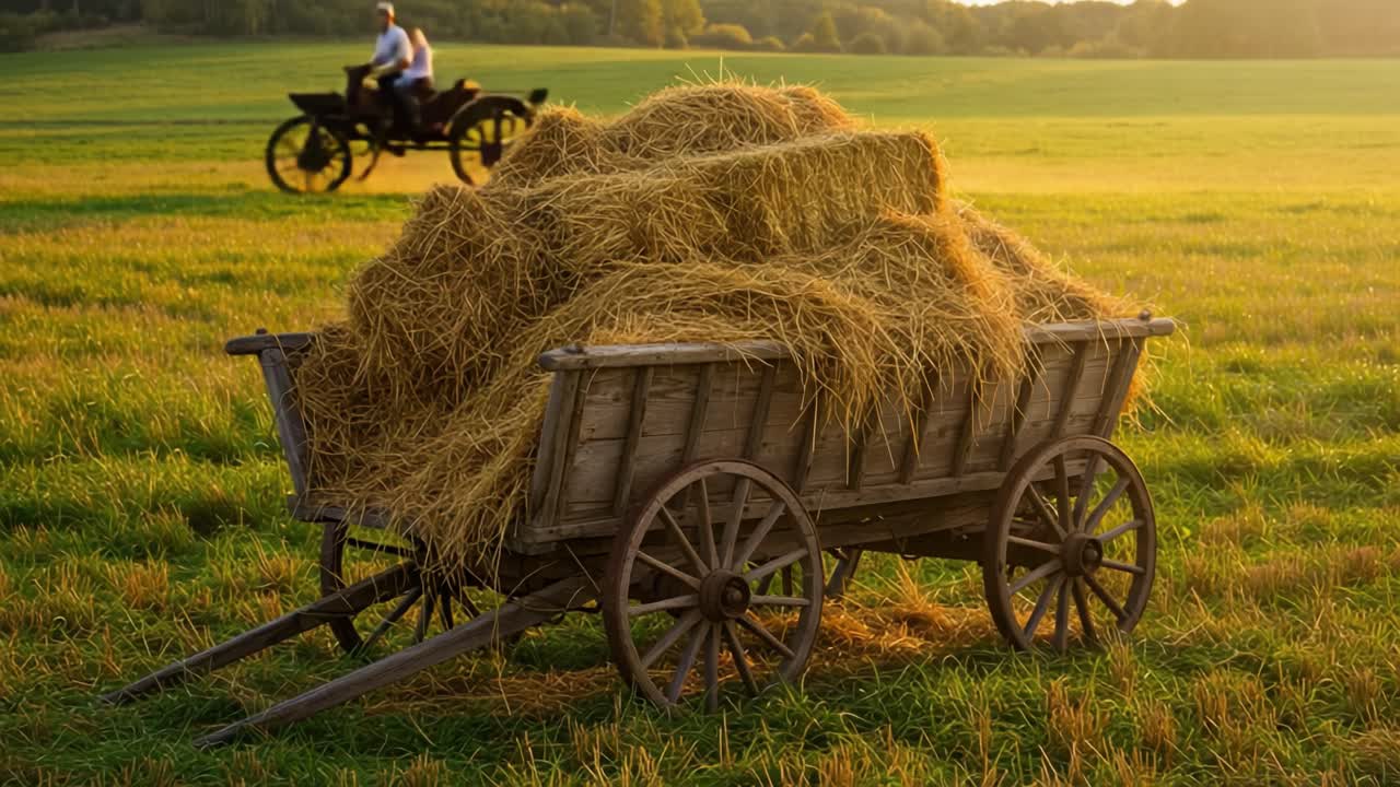 A rustic wooden cart filled with freshly harvested hay stands prominently in a vast green field, capturing the essence of rural life and agricultural charm at sunset