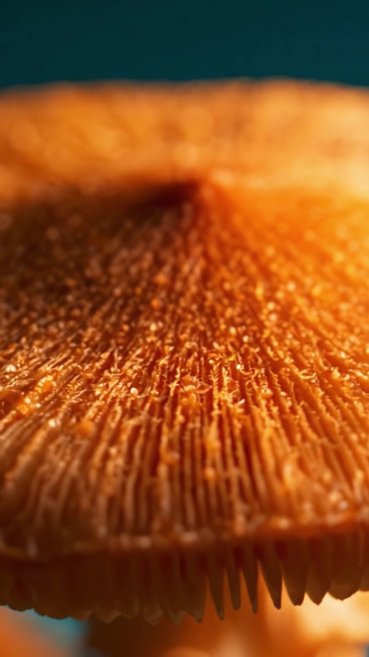 Vista ravvicinata del cappello di un fungo, che mostra una trama intricata e dettagli iridescenti sotto luce naturale in stile macro fotografia