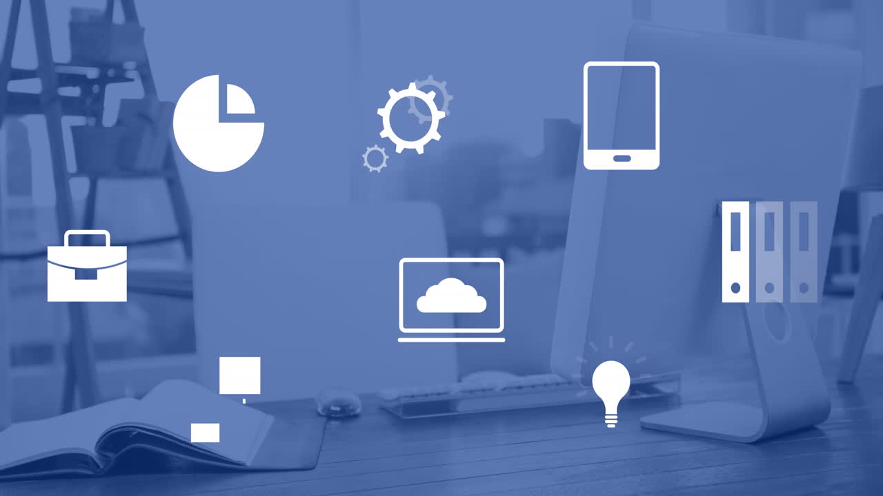 animación de iconos de negocios sobre el escritorio de la oficina con la computadora.