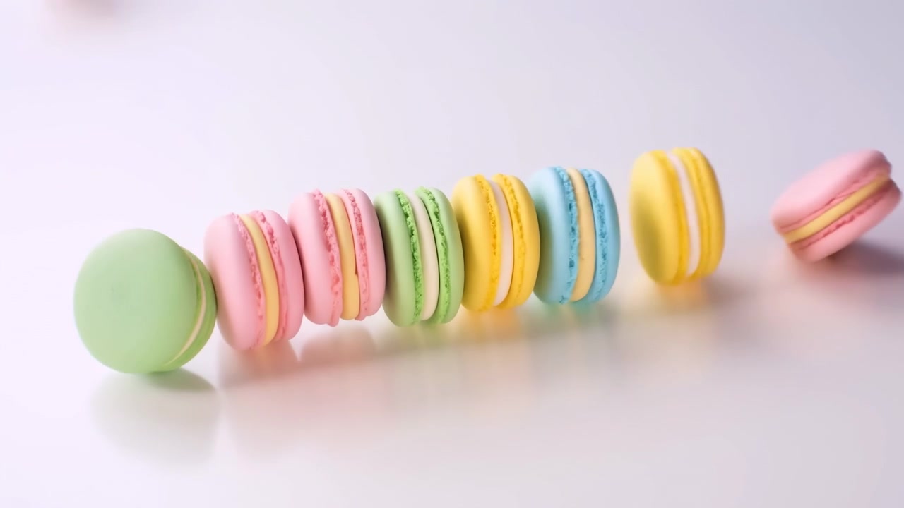 Macarons em tons pastel rolando sobre superfície branca, doces franceses coloridos e macios caindo em uma fila organizada, delicados.