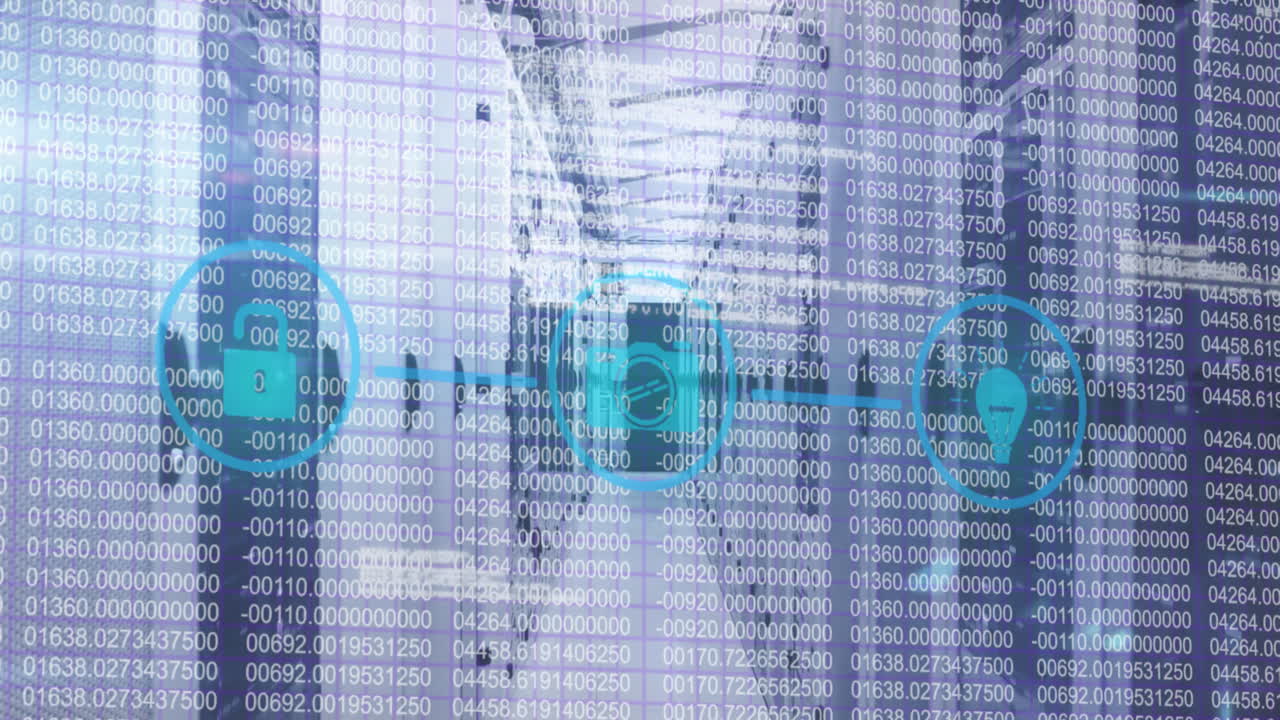 Network of digital icons against server room