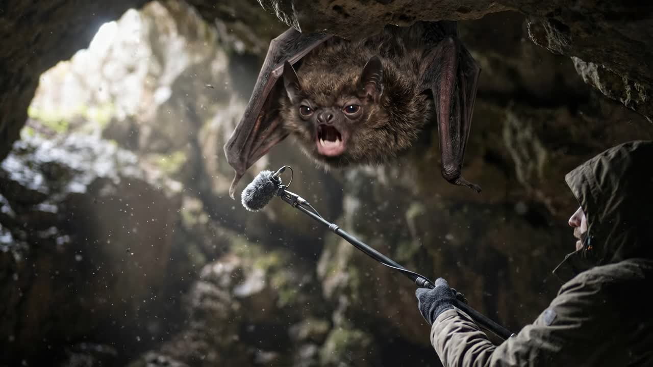 Engenheiro de Som Gravando Vocalizações de Morcegos com Microfone em uma Caverna Escura