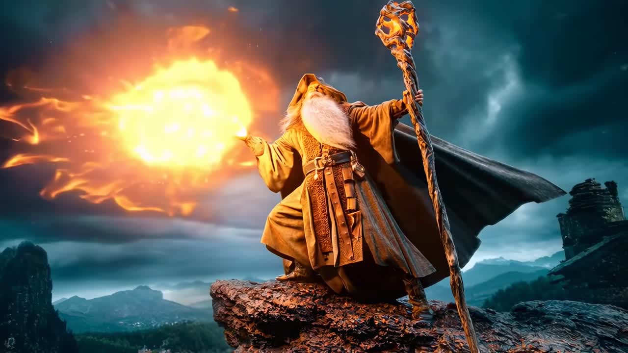 Scena fantasy epica con mago che lancia incantesimi, inquadratura dal basso, perfetta per effetti magici video