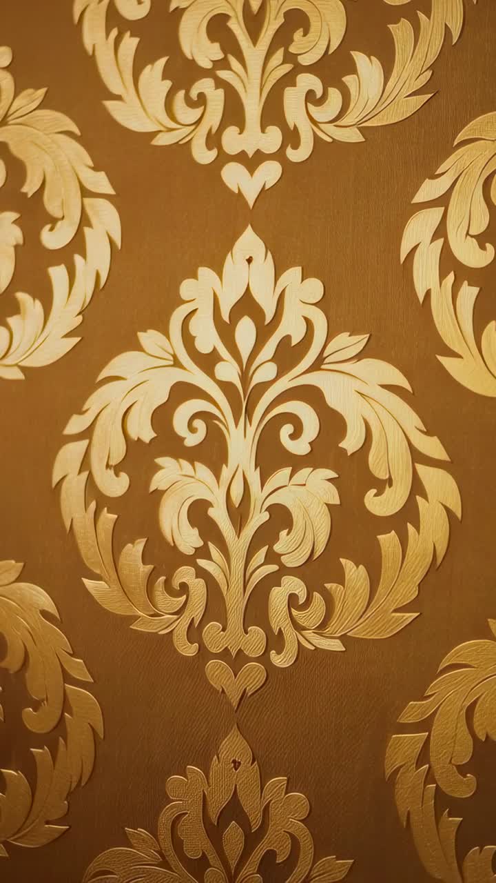 Vertical video: Shot starting, camera panning to center damask wallpaper motif, revealing texture