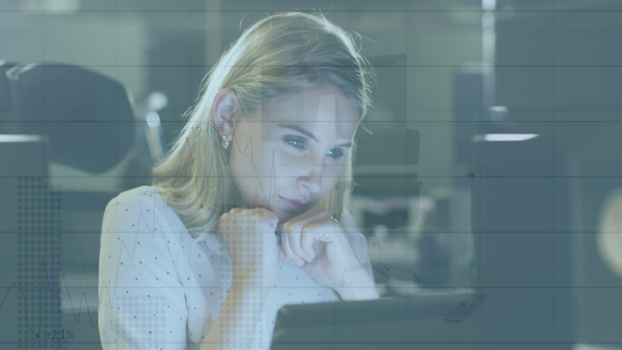 Animation of statistical data processing over thoughtful caucasian woman looking at computer screen