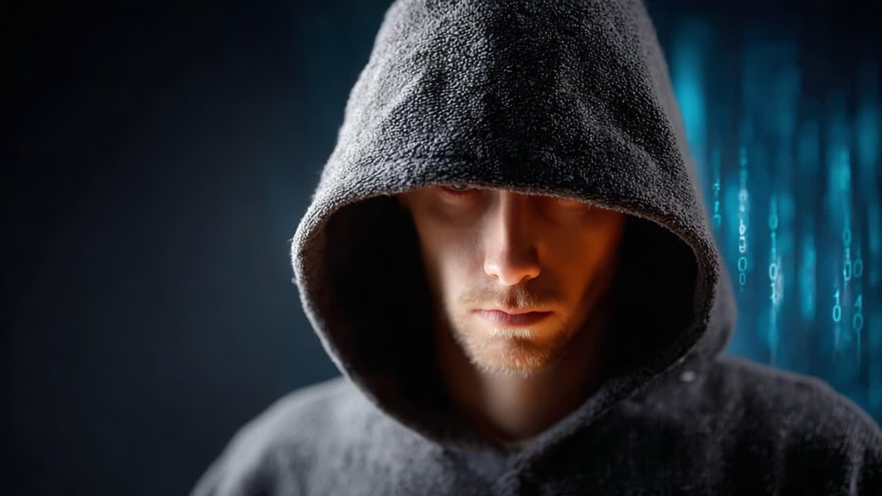 A Mysterious Figure in a Hooded Cloak Stares Intently, Surrounded by a Futuristic Binary Background, Evoking Themes of Secrets, Technology, and Intrigue