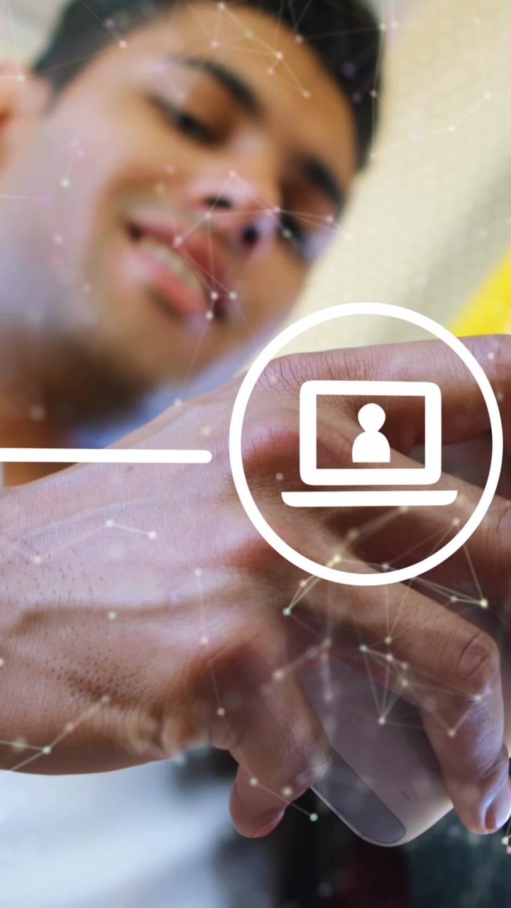 Animation of icons in circles and connected dots over caucasian young man using cellphone in train