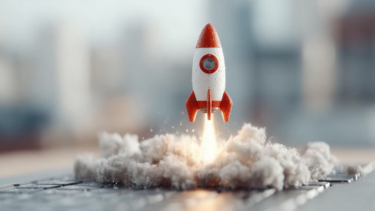 A Miniature Rocket Launching from a Keyboard: Capturing the Moment of Ascend in a Creative Digital Concept, Surrounded by Clouds of Smoke and Dynamic Energy