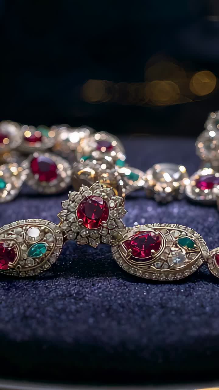 Vertical video: Starting camera shift bringing gold necklace closer on dark velvet showing ruby