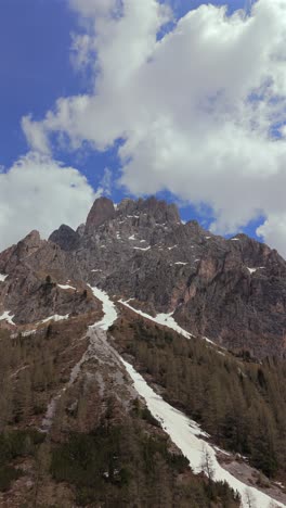 los majestuosos picos nevados del sassolungo en las dolomitas se elevan sobre un denso bosque de pinos bajo un cielo parcialmente nublado, mostrando la belleza escarpada de los alpes italianos.