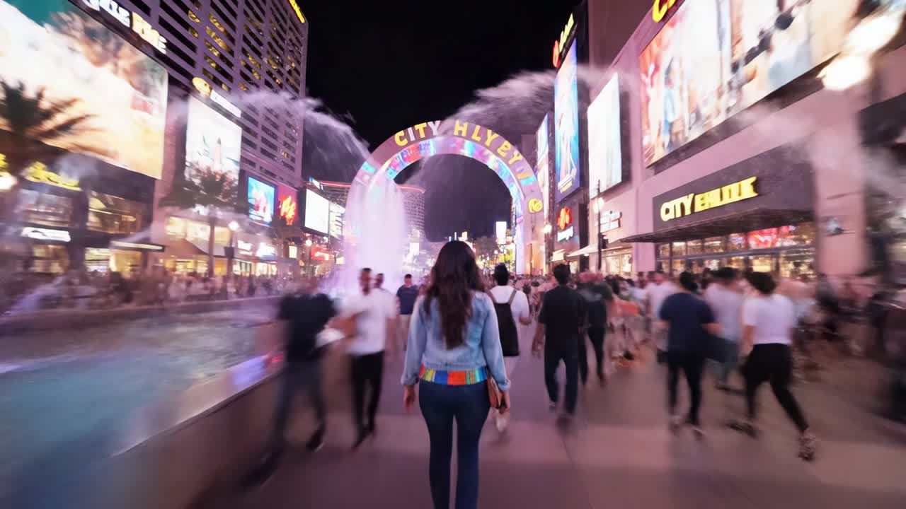 Nightlife stroll along bustling city promenade
