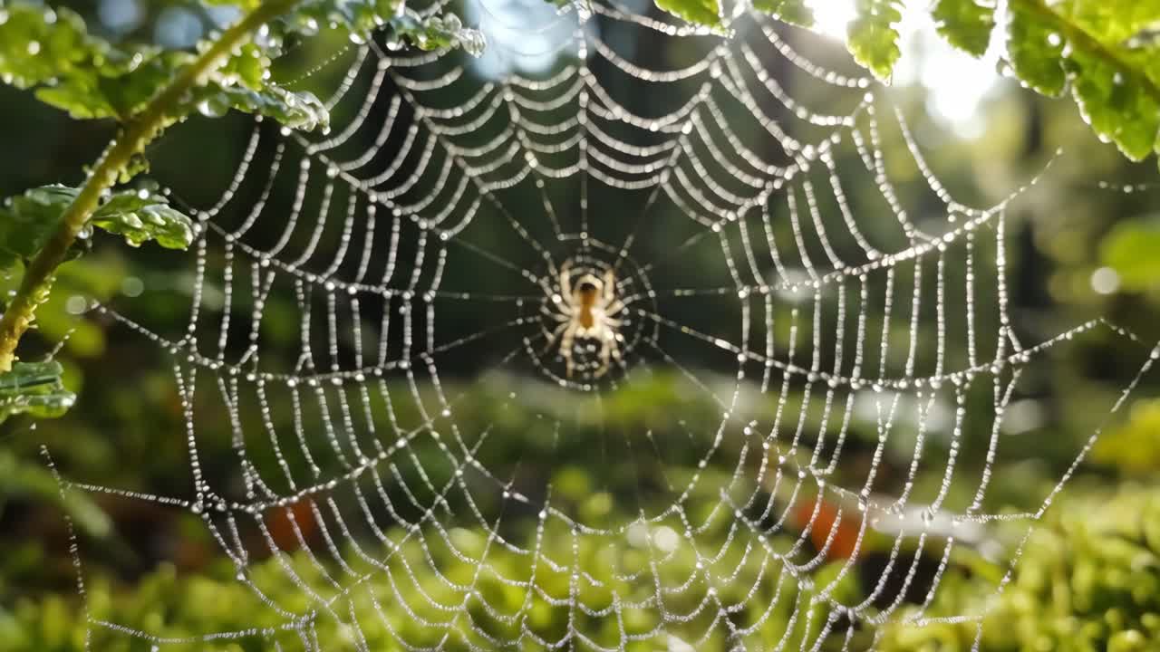 Primo piano di una ragnatela scintillante di gocce di rugiada in una foresta soleggiata.