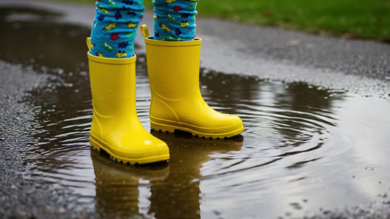 A Young Child Enjoys Splashing in Puddles Wearing Bright Yellow Rain Boots and Fun Socks, Celebrating the Joys of Rainy Days and Outdoor Play