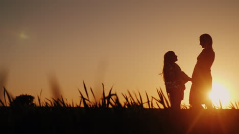 siluetas en pleno crecimiento de madre e hija que se paran en un lugar pintoresco al atardecer feliz