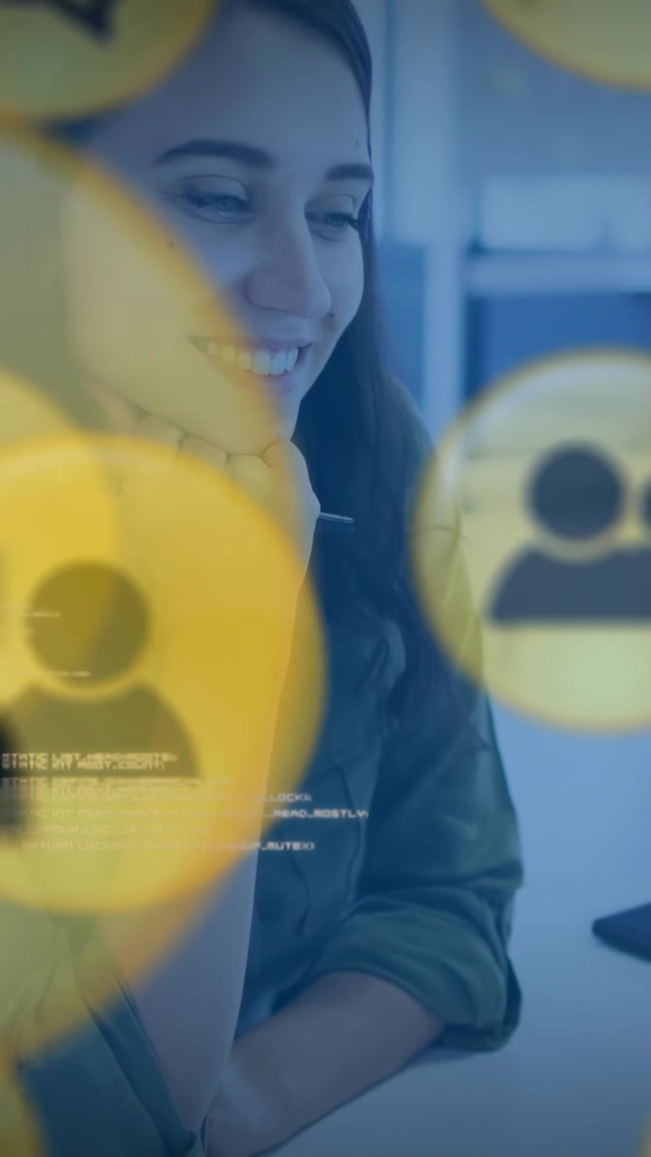Vertical video: UI overlays appearing, woman resting chin, smiling and turning to review palette
